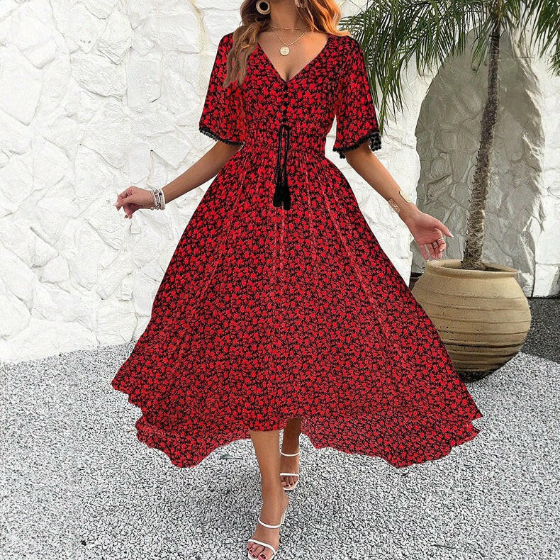 Lila High Waist Printed Dress Dress eprolo Red S 