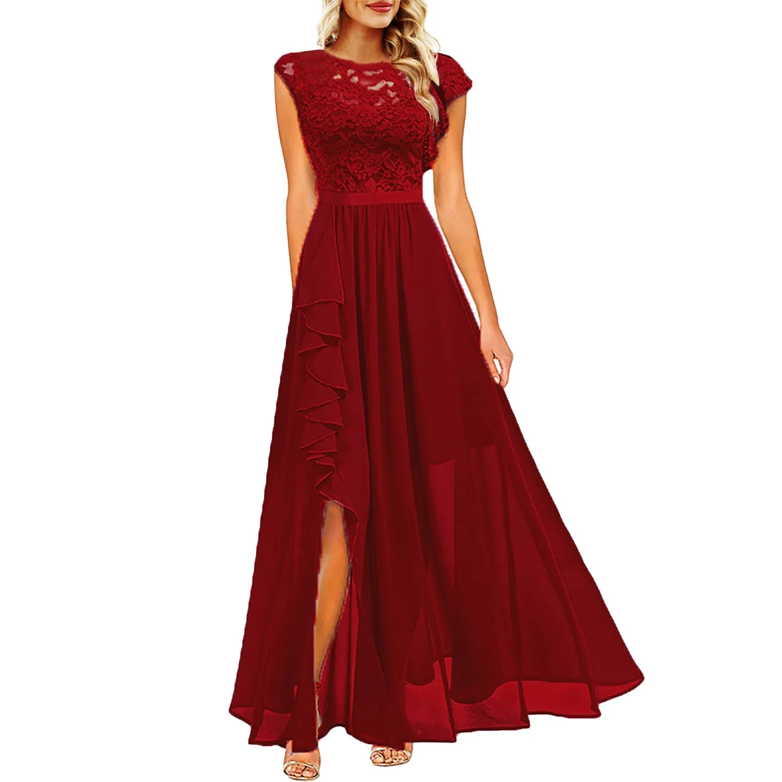 Floral Lace Ruffle Maxi Dress Dress Finer Living Life Red XL United States