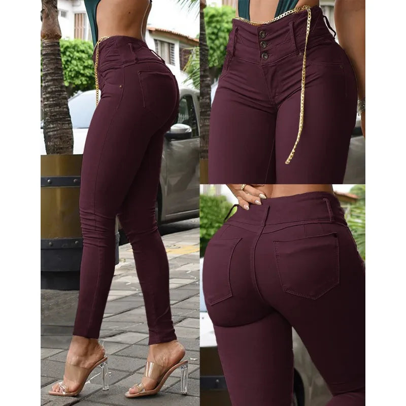 High Waist Button Skinny Pencil Pants Pants Finer Living Life   