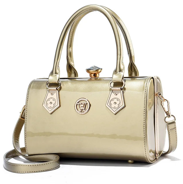 Luxury Patent Leather Diamond Handbag Bag Finer Living Life Gold  