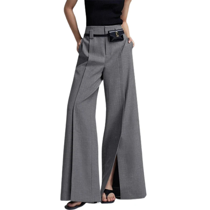 Korean Fashion Split-Front Pleated Wide Leg Pants Pants Finer Living Life GRAY XL 