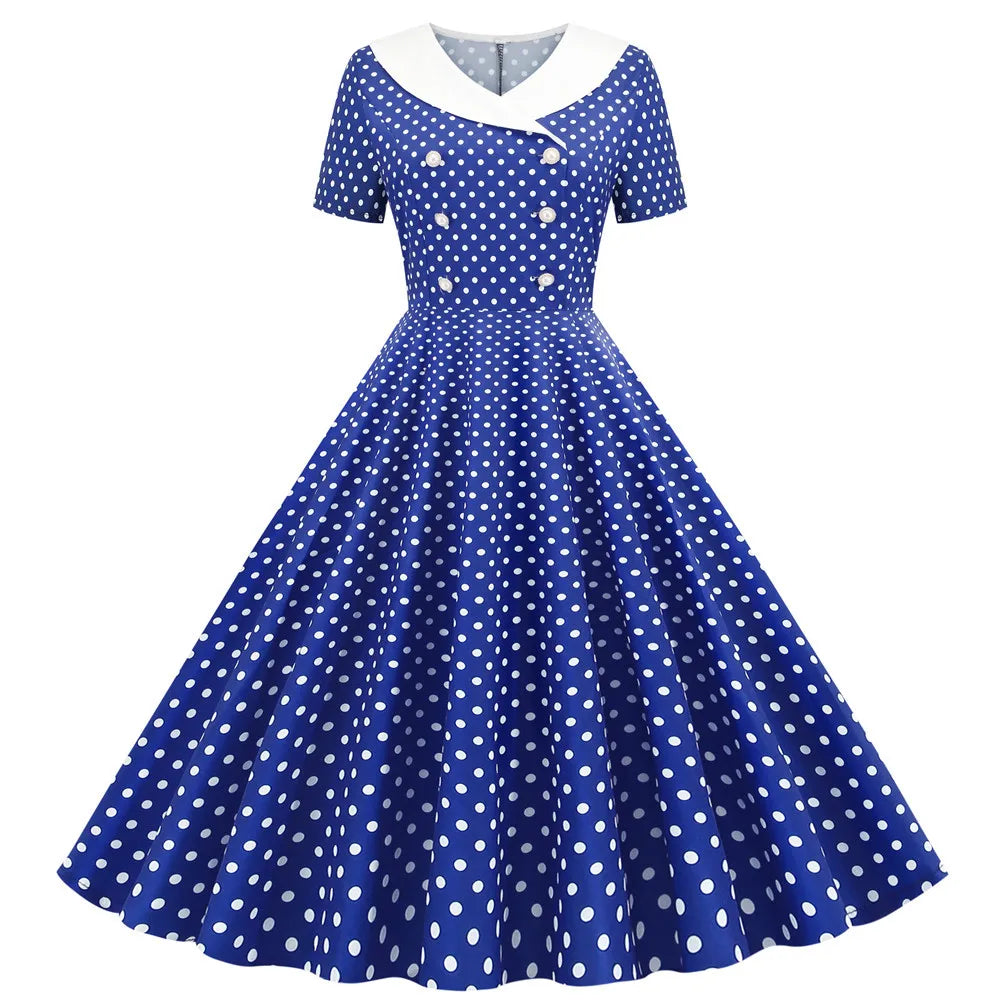 Retro Charm Blue Polka Dot Dress Dress Finer Living Life Dark blue dots S 