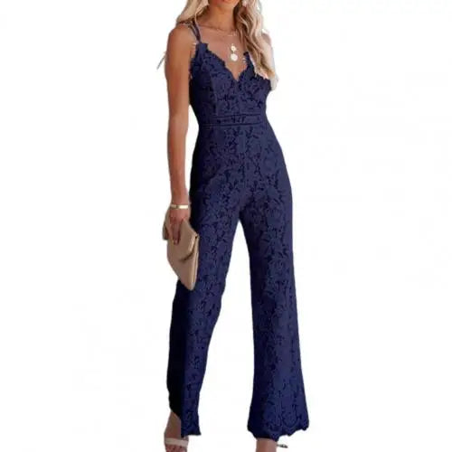 Sophia Crochet Linen Lace Jumpsuit Jumpsuit Finer Living Life Navy Blue XL 