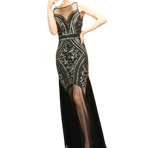 Elena Slim-Fit Fishtail Gown Dress Finer Living Life Black & Gold S 