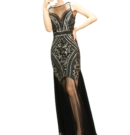 Elena Slim-Fit Fishtail Gown Dress Finer Living Life Black & Gold S 