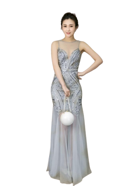 Elena Slim-Fit Fishtail Gown Dress Finer Living Life Grey & Silver S 