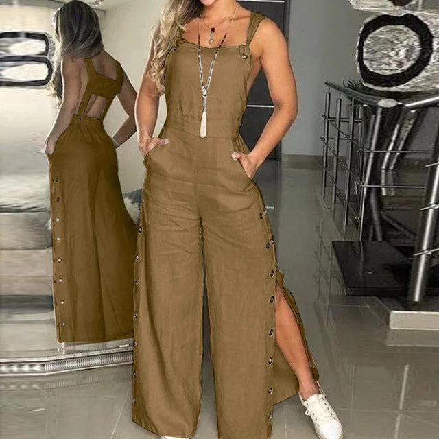 Buttoned Breeze Linen Blend Jumpsuit  Ms Yearl Store Khaki S United States